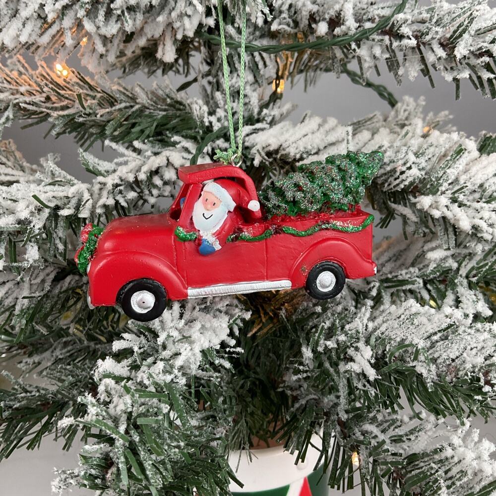 Christmas Ornament- Santa And Reindeer in Red Christmas Tree Truck. -Cape Shore